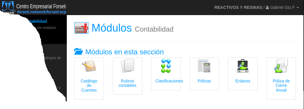 Cuerpo principal del CEF conteniendo el menú de los módulos hijo del módulo de contabilidad