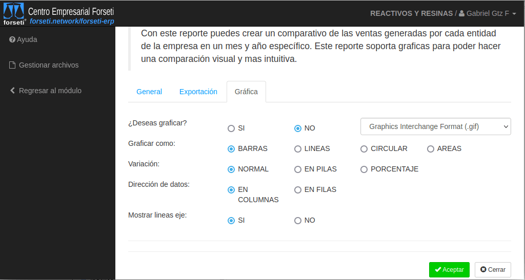 Ejemplo de ventana de filtrado para reportes que soportan gráficas