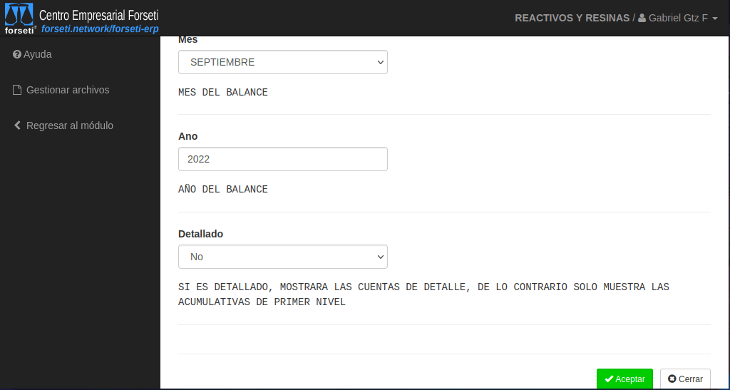 Filtro del reporte de Balance General del módulo de Rubros Contables.